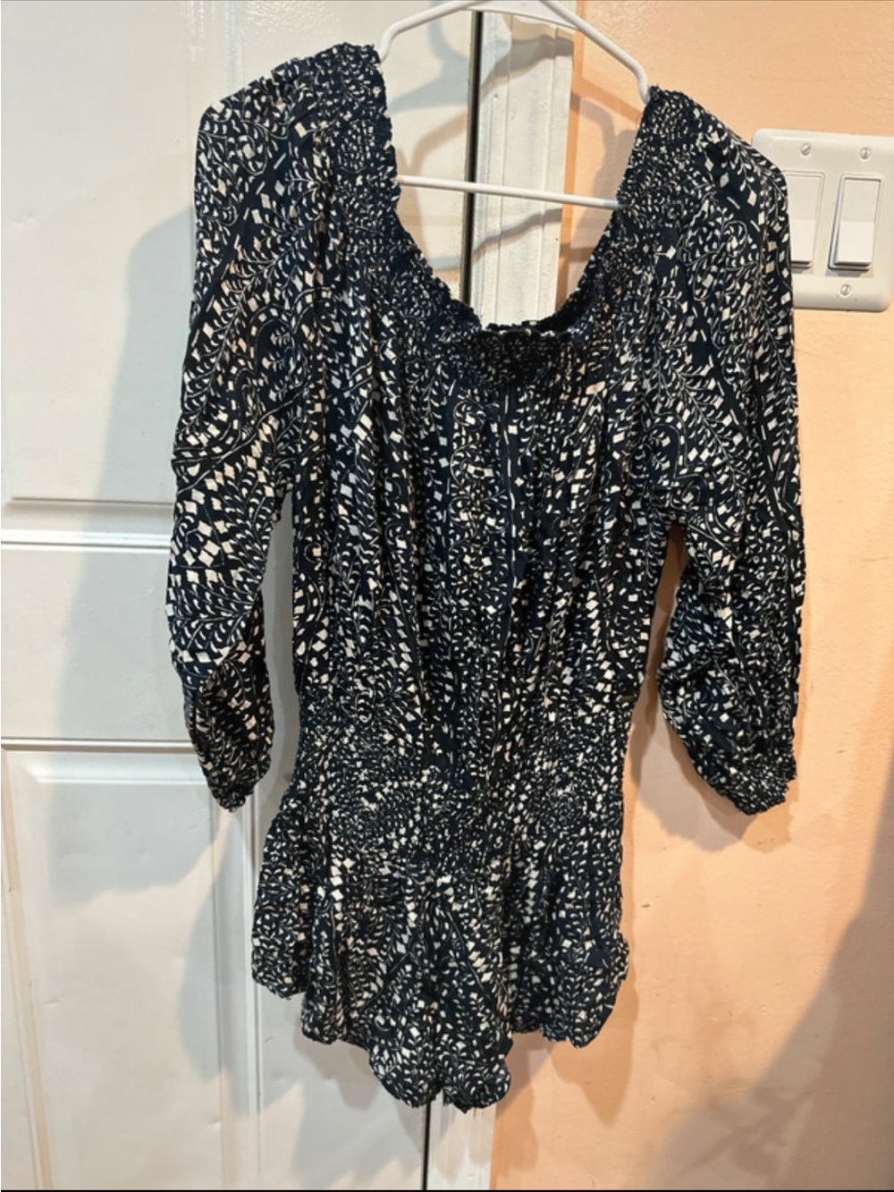 Black and White Smocked Off-Shoulder Romper